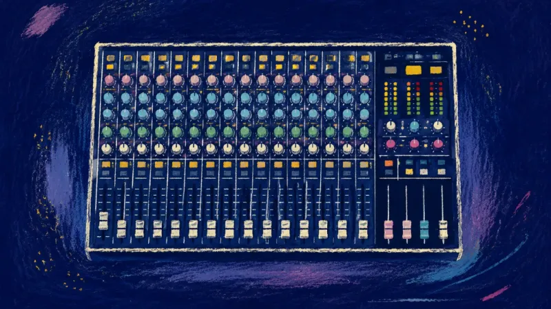 Measured Signal Flow A restored mixing console with clear channels, representing balanced news awareness and renewed room