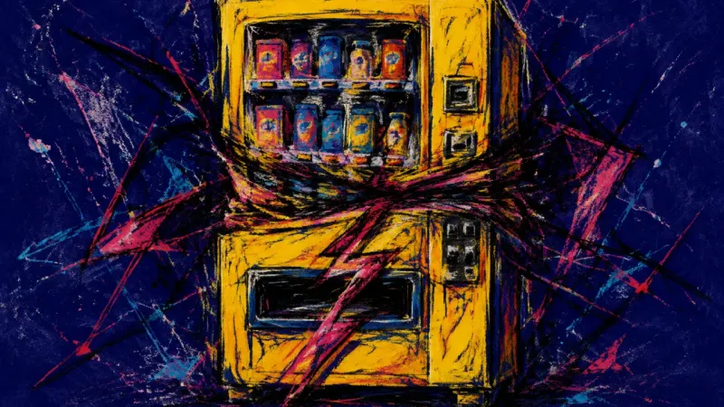 The Blocked Choice A crushed vending machine represents self-doubt, repeated analysis, and fear of judgment before a||
