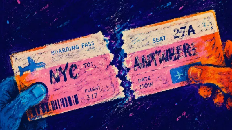 The Unchosen Departure A split boarding pass symbolizing the clash between career movement, belonging, and fear of choosing
