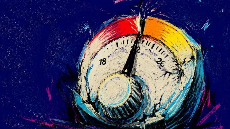 The Unchanged Setting A jammed thermostat dial symbolizing the fear of changing work conditions while exhausted and the##
