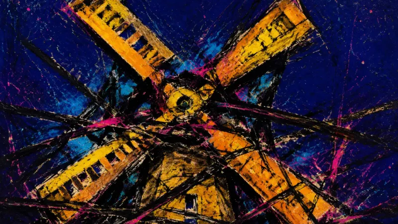 Crushed Work Cycle An abstract windmill trapped in a dense tangle, representing exhaustion, overwork, and the pressure,