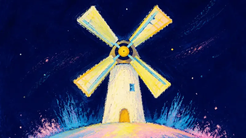 Restored Work Rhythm An abstract windmill restored to balanced order, symbolizing recovery, sustainable work, and trustใน