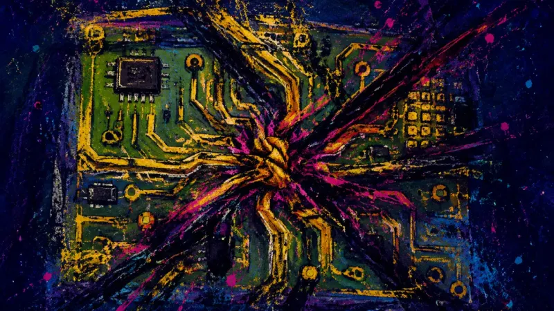Blocked Signal A circuit board tangled into a blocked network, representing guilt, overwork, and fear that ordinary