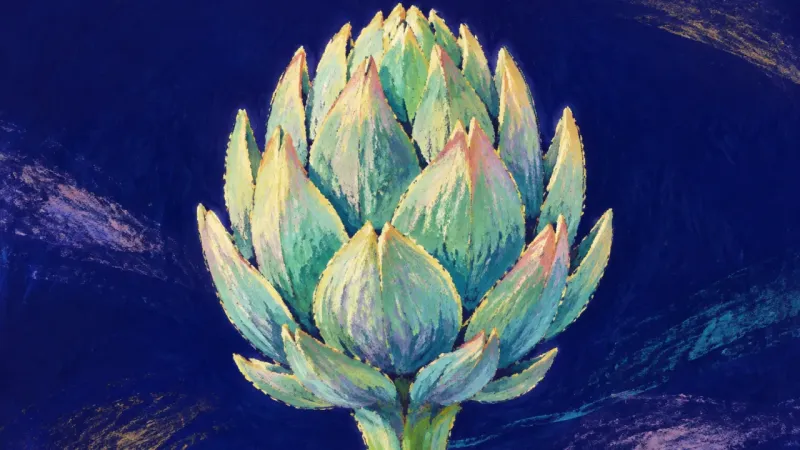 An artichoke opening into ordered layers, representing thesis progress rebuilt through small, selfd