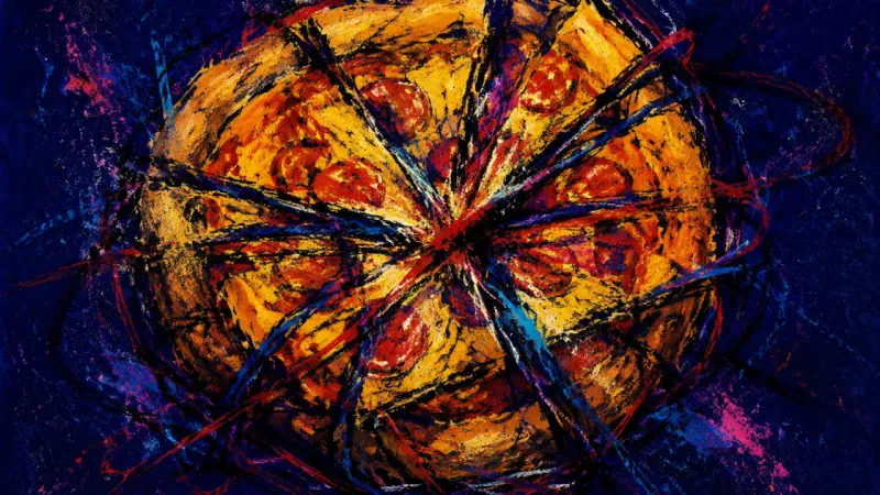 The Unequal Share A pizza crushed into unequal, overlapping slices represents guilt, hidden depletion, and the pressu
