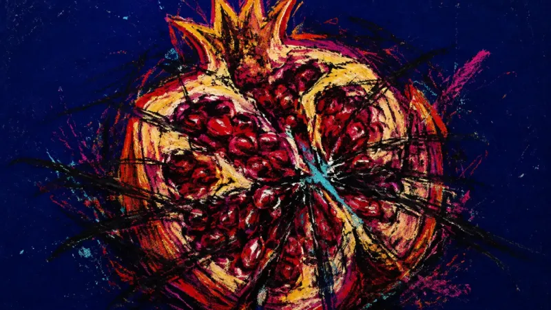 A pomegranate section crushed into tangled chambers, representing resentment and the oppressive