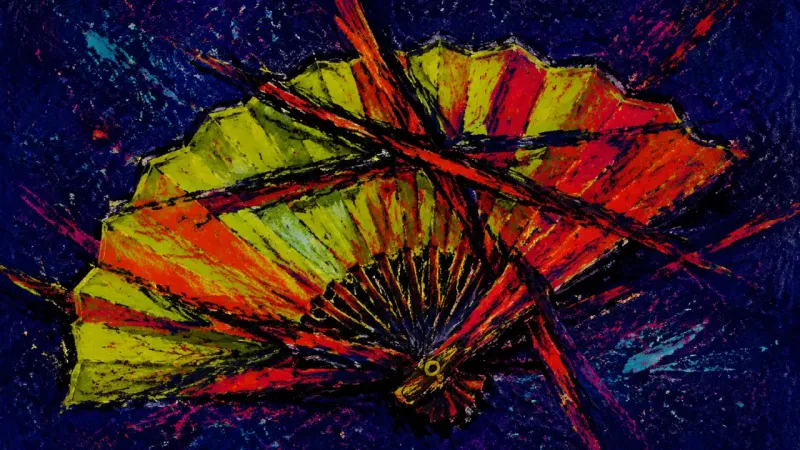 Cadence Under Pressure A crushed hand fan trapped by crossing ribs and chaotic lines, representing compulsive voice editing