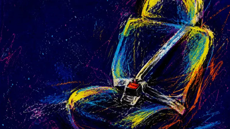 Borrowed Nights A cinched seatbelt traps an empty driver's seat, symbolizing guilt-driven responsibility that gives