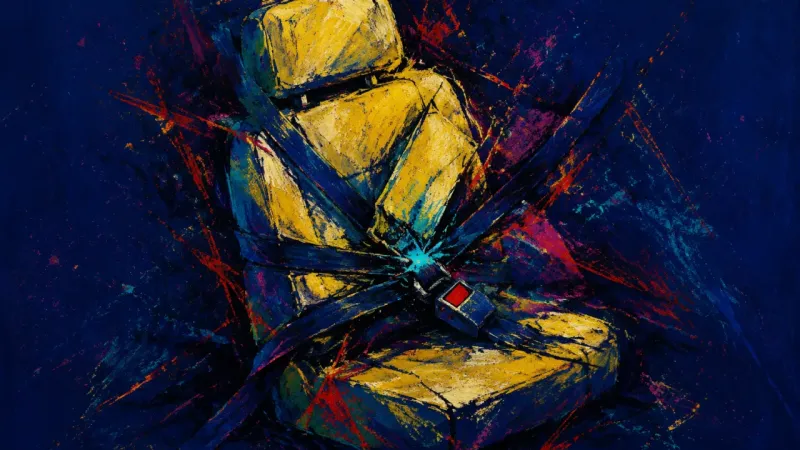 The Trapped Seat An abstract driver's seat crushed by tangled straps, representing guilt-driven hypervigilance and