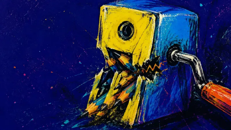 A damaged pencil sharpener symbolizing endless preparation and fear of exposing unfinished side-hust