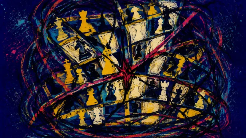 A distorted chessboard representing oppressive side-hustle optimization and fear of releasing