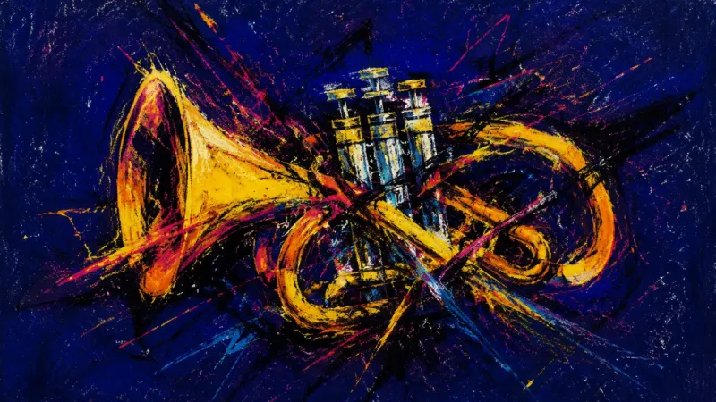 An abstract trumpet trapped in crossed strokes, representing ambivalence and fear of emotionalex