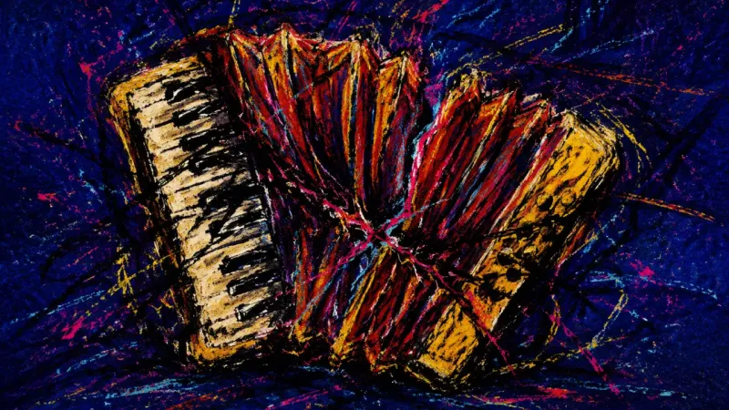 An abstract accordion crushed into tangled folds, representing post-breakup attachment, indecision,