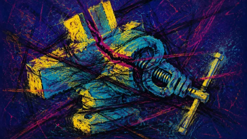 A distorted bench vise trapped in chaotic bands, representing performance anxiety and the gap