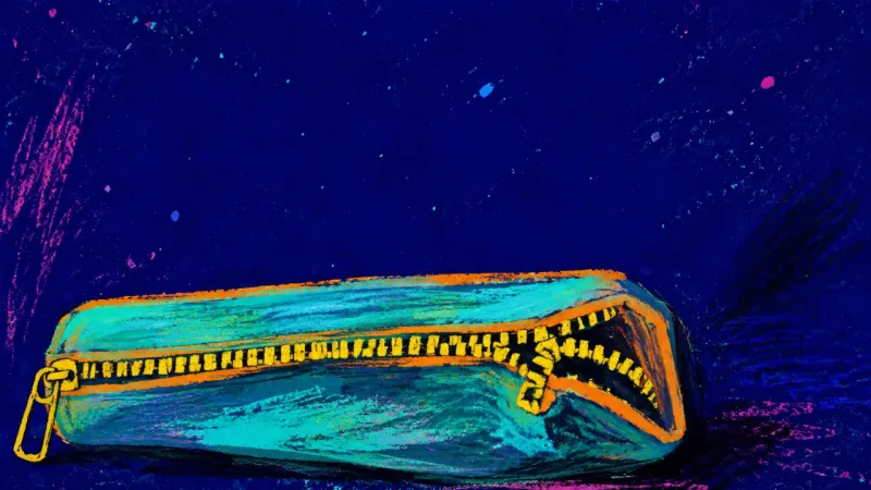 A crushed pencil case with a jammed zipper, symbolizing paralysis before an unconventional academicح