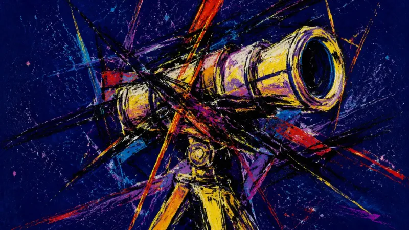 Collapsed Focus An abstract telescope collapsed into a tangled mass, representing academic analysis paralysis and