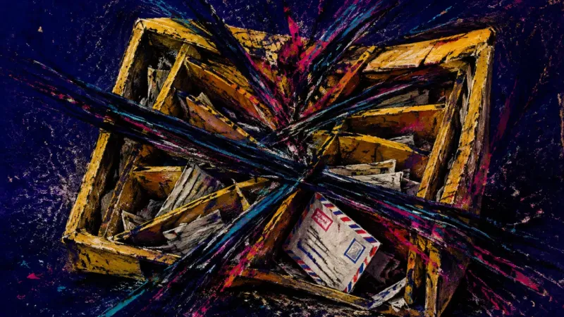 A collapsed mail sorter with its dividers fused together, representing guilt-driven overwork and the