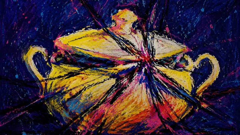 An abstract crushed and tangled tureen represents approval-seeking, hypervigilance, and fear that in