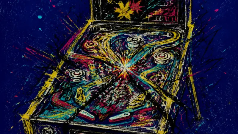 Blocked Trajectory An abstract pinball machine crushed into tangled lanes, representing career stagnation, selective