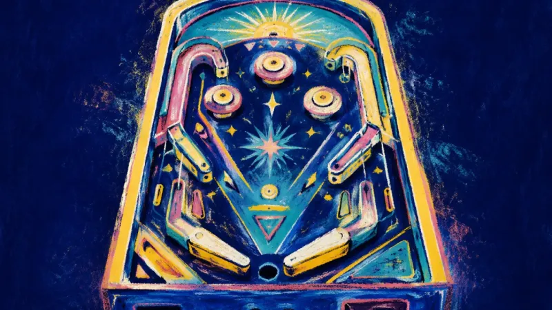 Open Trajectory An abstract pinball machine with clear, aligned lanes, representing career clarity, small experiment