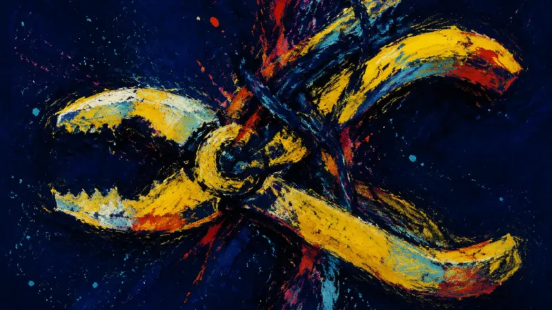 An abstract pair of pliers trapped in a tight overlap, representing post-breakup choice paralysis **