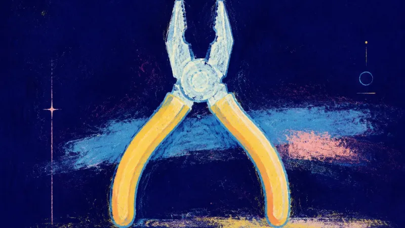 An abstract pair of pliers opened into balanced order, representing steadier self-trust after post