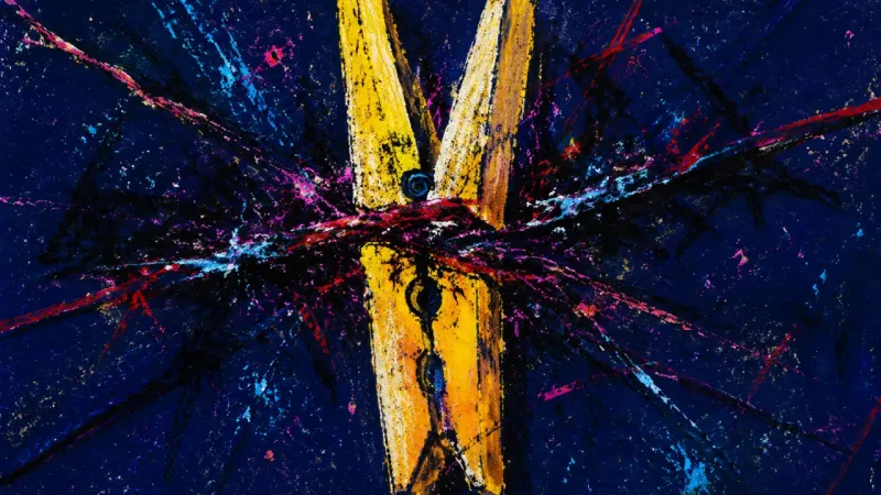 An abstract clothespin crushed shut by tangled lines, representing longing and weakened boundaries‌‍