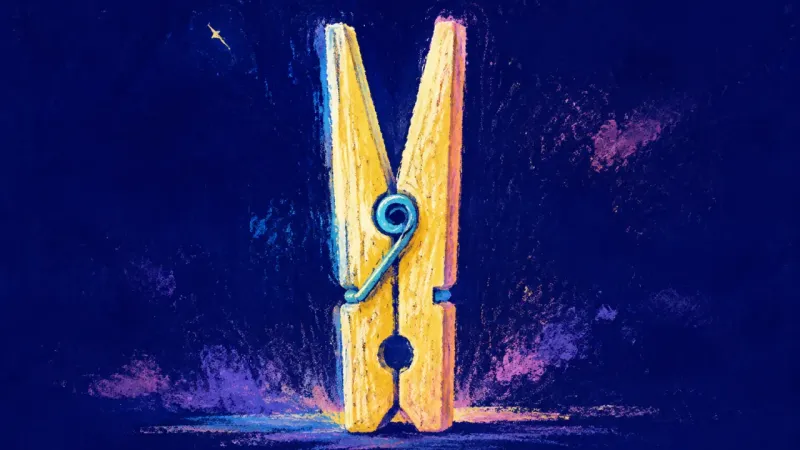 An abstract clothespin opened into a balanced form, representing a self-directed pause and steadier‌