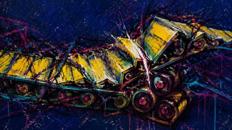 The Stalled Loop A crushed conveyor belt trapped in chaotic marks, representing academic apathy and the pressure of ,