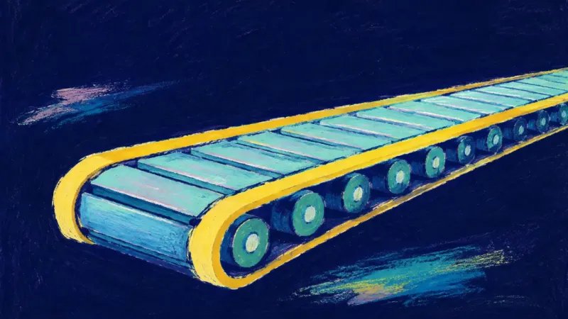 Rhythm Restored A restored conveyor belt with aligned rollers and even slats, representing a balanced study rhythm,