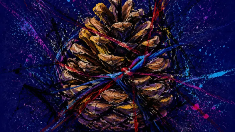 Scales Under Scrutiny A crushed pinecone bound by crossing lines represents social vigilance and the pressure to explain