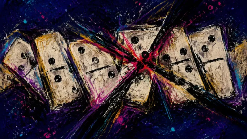 An abstract domino set crushed into a stalled sequence, representing exhaustion from waiting for a