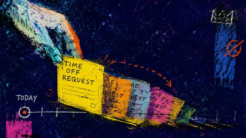 The Vanishing Break A hand repeatedly moves a tentative time-off request away from the current date, symbolizing restِء?