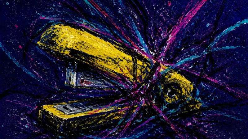 Jammed Permission A stapler crushed and jammed by tangled strokes, representing the pressure to keep working until no