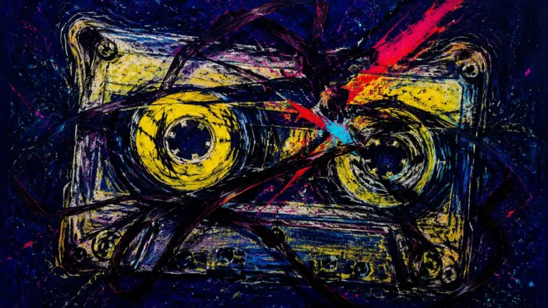 Tangled Replay An abstract cassette caught in a tangled loop, representing shame-driven repetition and an old->