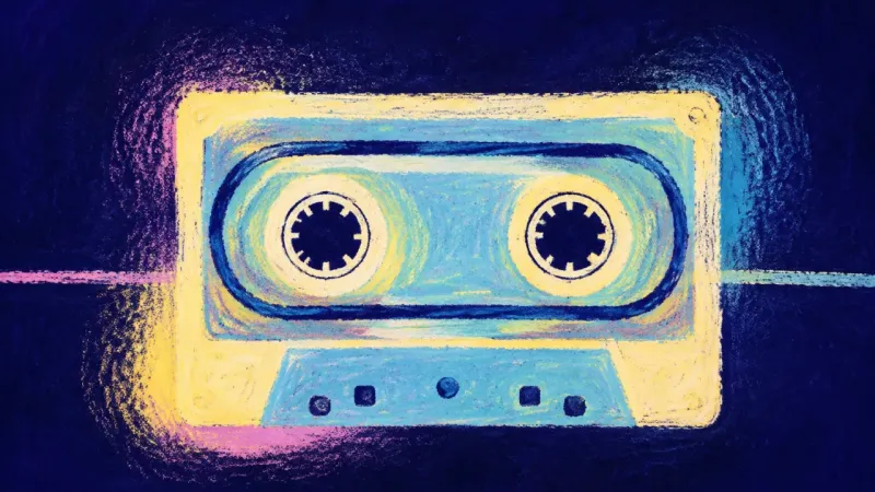 Reclaimed Playback An abstract cassette restored to a balanced loop, representing an old identity held as context while