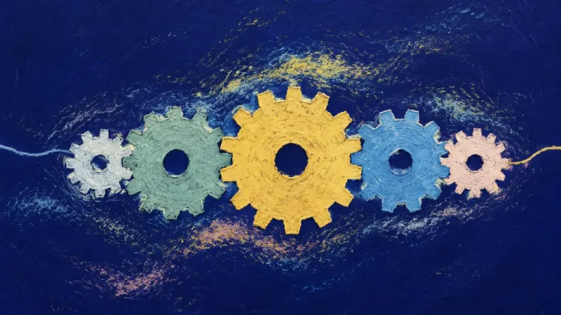 A gear train restored to balanced order represents grounded career progress through shared influence
