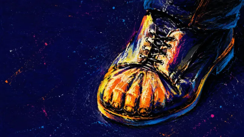 A foot clenches inside an office shoe until its front buckles, symbolizing the hidden strain of over