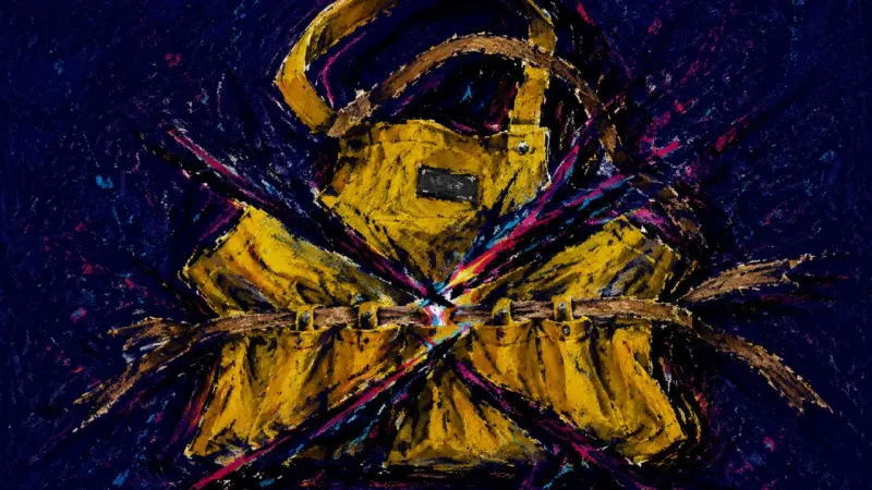 A work apron crushed and bound by its own ties, representing anxiety-driven overcommitment and