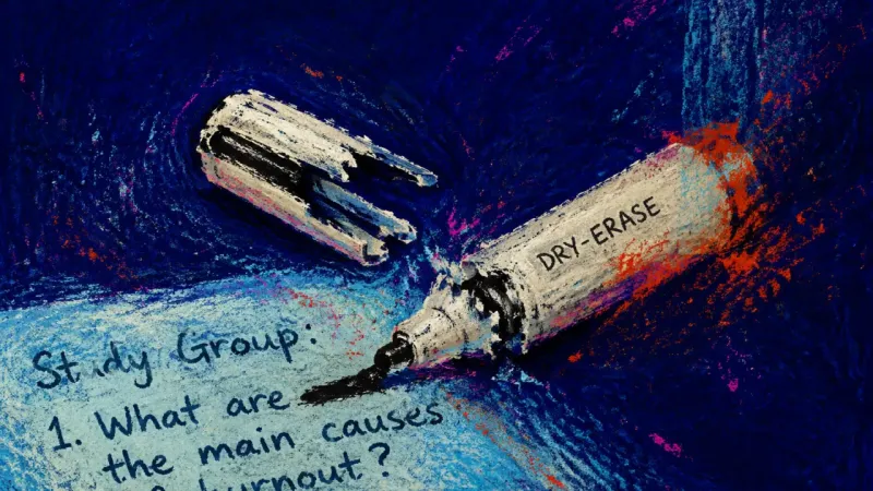 The Unwritten Threshold A crushed dry-erase marker beside an unfinished study-group question, symbolizing fear of being16