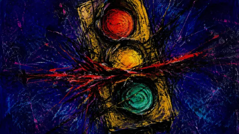 An abstract traffic light symbolizes resentment from carrying a group's transport responsibilities0]