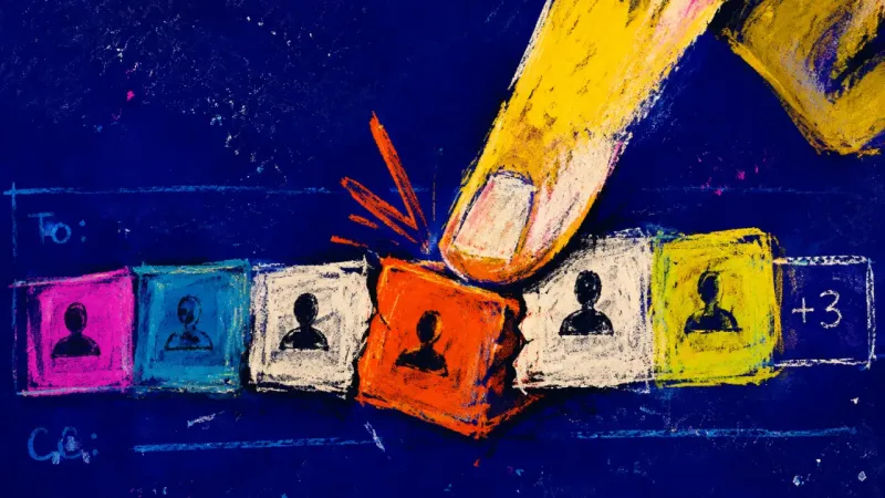 The CC Tribunal A hand moves one family recipient in an email's CC field, symbolizing fear that shared visibilityاn