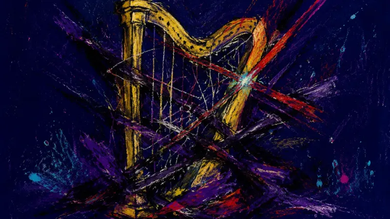 The Bound Harp An abstract harp crushed by tangled lines, representing shame, hypervigilance, and the pressure to