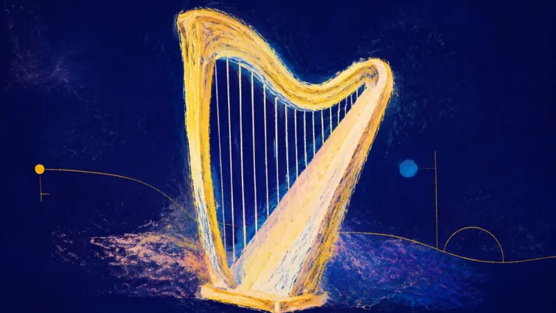 Harp in Balance An abstract harp restored to balanced order, symbolizing honest therapy, shared inquiry, and ground