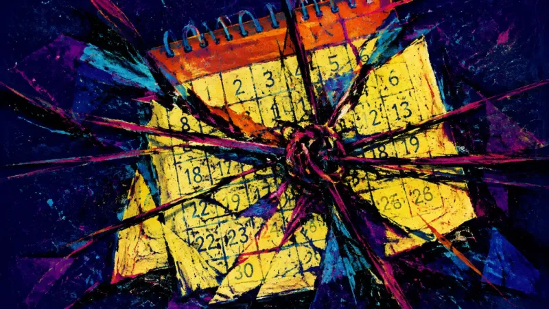 Routine Under Pressure An abstract calendar crushed into a chaotic knot, representing stress-spending replacing routine and