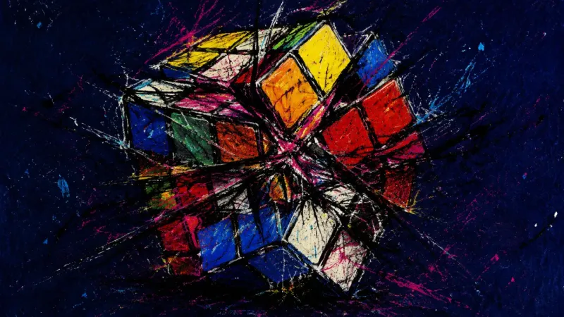 The Stalled Grid A Rubik's cube crushed into a tangled, misaligned form, symbolizing analysis paralysis and fear of a