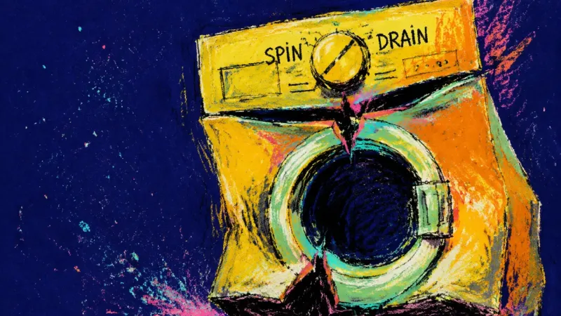 A jammed washing machine symbolizes repetitive waiting, self-doubt, and stalled emotional