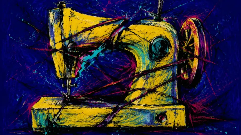 Jammed Pattern An abstract sewing machine caught in a repetitive jam, representing anxious waiting, self-silencing,