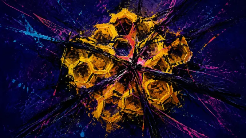 Collapsed Honeycomb An abstract honeycomb compressed into disorder, representing post-breakup care seeking and fear of