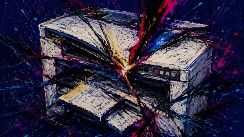 The Jammed Handoff A distorted printer trapped by tangled bands, representing compulsive revision and self-doubt during